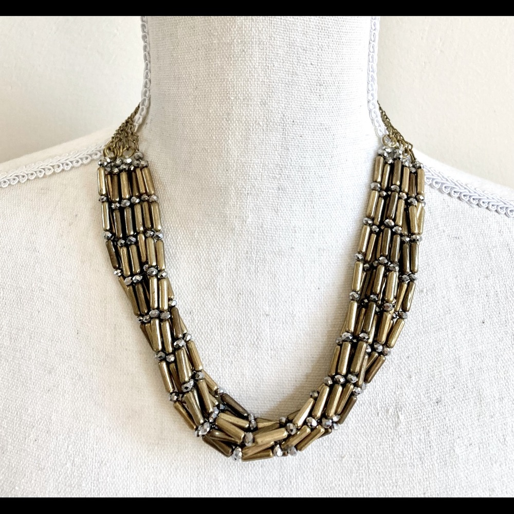 Chico’s Multi Strand Beaded Necklace, Bronze & Silver Tone, Adjustable